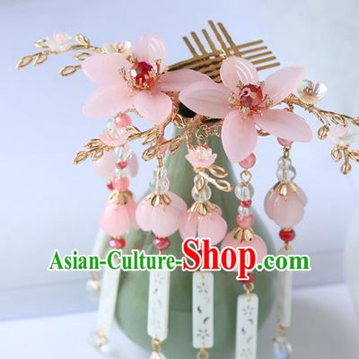 Chinese Ancient Hanfu Tassel Hair Combs Hair Accessories Women Headwear Pink Flower Hairpins