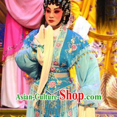 Chinese Cantonese Opera Diva Blue Dress Apparel Princess Chang Ping Peking Opera Hua Tan Garment Imperial Concubine Costumes and Headwear
