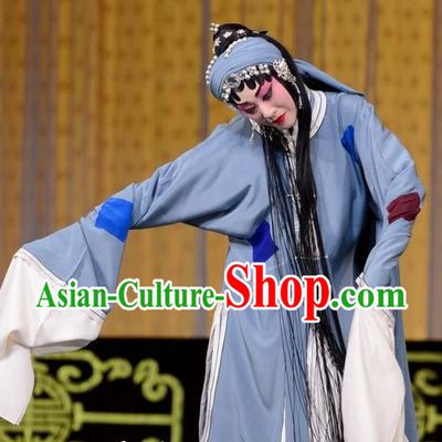 Traditional Chinese Peking Opera Tsing Yi Garment Dress San Niang Jiao Zi Poor Female Costumes and Headwear