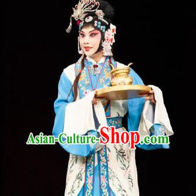 Chinese Peking Opera Hua Dan Garment Costumes Traditional Lv Bu and Diao Chan Apparels Diva Blue Dress and Headwear