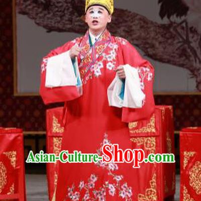 Chinese Beijing Opera Ugly Prince Wedding Costumes Garment Peking Opera Return of the Phoenix Apparels Clown Red Robe and Headwear