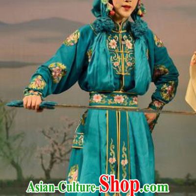 Traditional Chinese Henan Opera Martial Female Legend of the White Snake Costumes Peking Opera Apparel Wudan Green Garment and Headwear