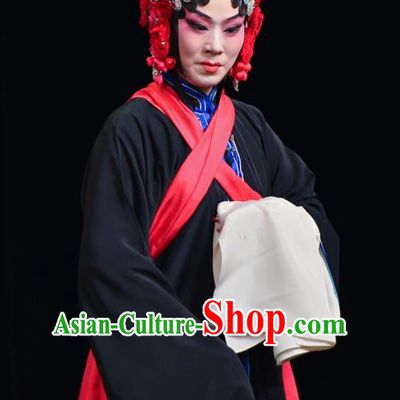 Traditional Chinese Peking Opera Tsing Yi Susan Left Hongtong County Costumes Apparel Distress Maiden Black Garment and Headwear