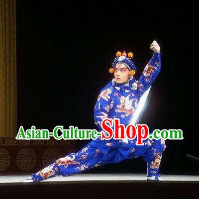Chinese Kun Opera Martial Male Blue Costumes Garment Peking Opera Yandang Mountain Wusheng Apparels and Hat