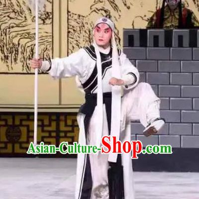 Chinese Kun Opera Martial Male White Costumes Garment Peking Opera Yandang Mountain Longtao Wusheng Apparels and Headwear