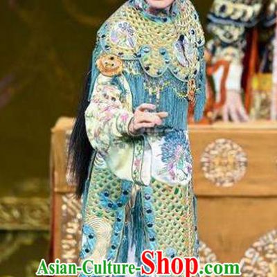 Traditional Chinese Peking Opera Actress Blue Tassel Garment Dress Farewell My Concubine Yu Ji Costumes and Headdress