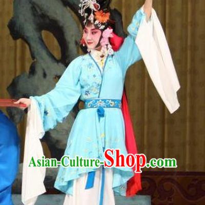 Traditional Chinese Peking Opera Xiao Dan Apparels Hong Niang Garment Matchmaker Actress Blue Dress Costumes and Headpieces