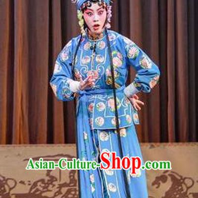 Traditional Chinese Peking Opera Xiao Dan Apparels Garment San Cha Kou Actress Young Lady Blue Dress Costumes and Headwear