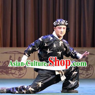 Chinese Peking Opera Takefu Wusheng Apparels Costumes San Cha Kou Martial Men Black Garment and Hat