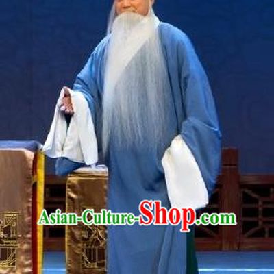Chinese Peking Opera Old Scholar Apparels Costumes Four Scholars Lao Sheng Elderly Men Garment Blue Robe and Hat
