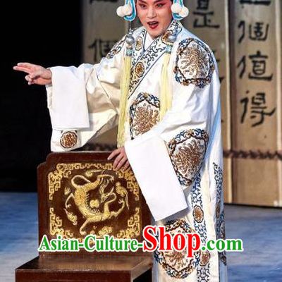 Chinese Peking Opera Young Men White Robe Costumes The Revenge of Prince Zi Dan Niche Garment Apparels and Hat