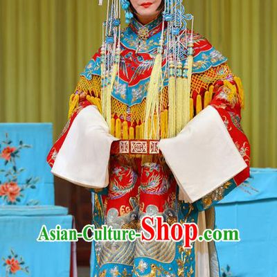 Traditional Chinese Peking Opera Hua Tan Costumes Apparels Garment Zhu Lian Zhai Empress Red Dress and Headwear