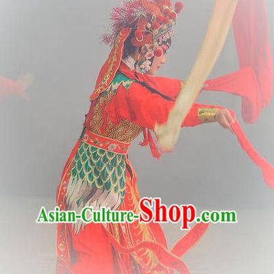 Traditional Chinese Peking Opera Costumes Martial Female Apparels Garment The Fire Fenix Wudan Water Sleeve Red Dress and Headwear