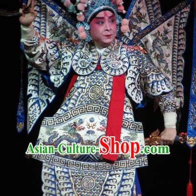 Chinese Peking Opera General Kao Armor Suit with Flags Costumes Apparels Gongsun Zidu Wu Sheng Garment and Headwear