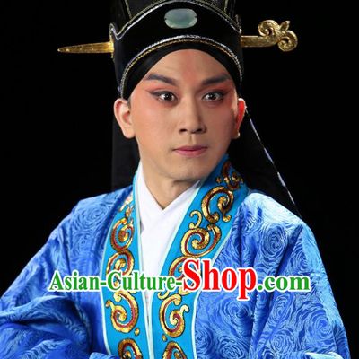 Chinese Historical Beijing Opera Niche Costumes Cao Cao And Yang Xiu Apparels Young Male Blue Garment and Hat