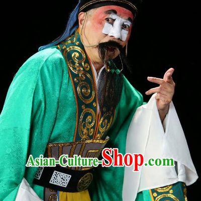 Chinese Historical Beijing Opera Chou Role Costumes Cao Cao And Yang Xiu Apparels Clown Green Garment and Hat