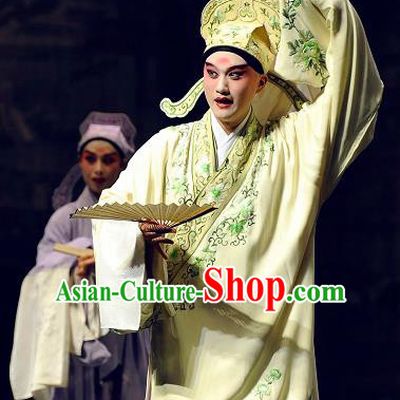 Chinese Kun Opera Young Men Apparels The Peach Blossom Fan Peking Opera Schoalr Garment Hou Chaozong Costumes and Hat