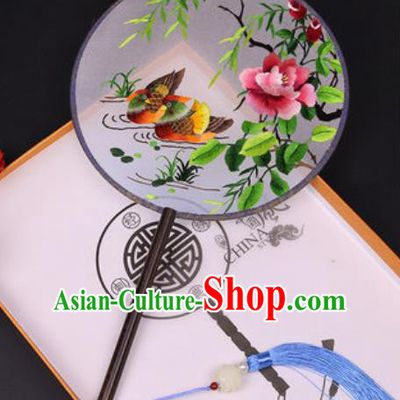 Chinese Traditional Embroidered Mandarin Duck Palace Fans Handmade Classical Dance Ebony Round Fan for Women