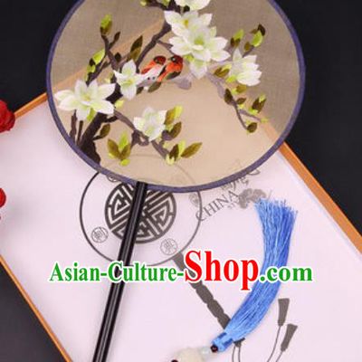 Chinese Traditional Embroidered Mangnolia Birds Palace Fans Handmade Classical Dance Ebony Round Fan for Women
