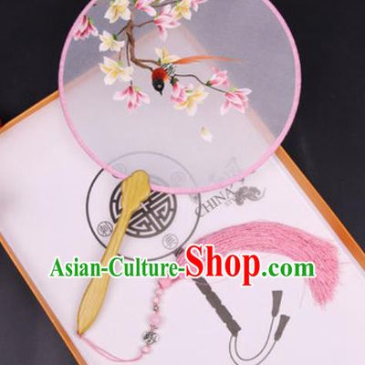 Chinese Traditional Embroidered Pink Mangnolia Palace Fans Handmade Classical Dance Ebony Round Fan for Women