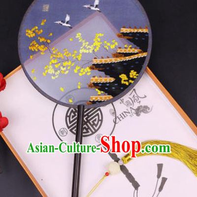 Chinese Traditional Embroidered Ginkgo Crane Palace Fans Handmade Classical Dance Ebony Round Fan for Women