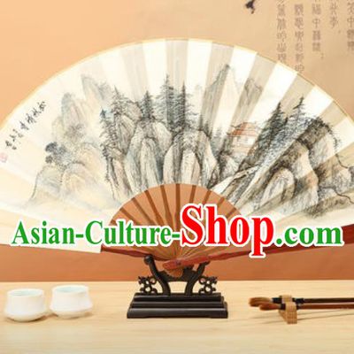 Chinese Traditional Ink Painting Pinewood Temple Paper Folding Fans Handmade Accordion Classical Dance Folding Fan
