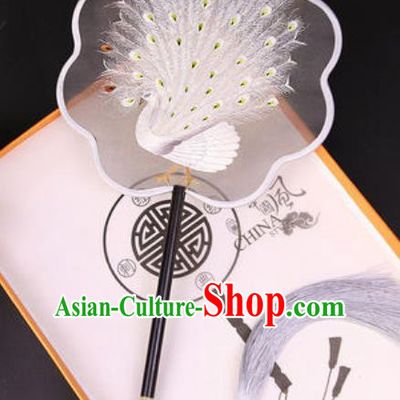 Chinese Traditional Embroidered White Peacock Silk Fans Handmade Classical Dance Ebony Palace Fan for Women