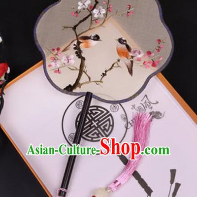 Chinese Traditional Embroidered Plum Birds Silk Fans Handmade Classical Dance Ebony Palace Fan for Women