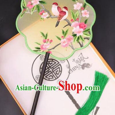 Chinese Traditional Embroidered Peach Blossom Silk Fans Handmade Classical Dance Ebony Palace Fan for Women
