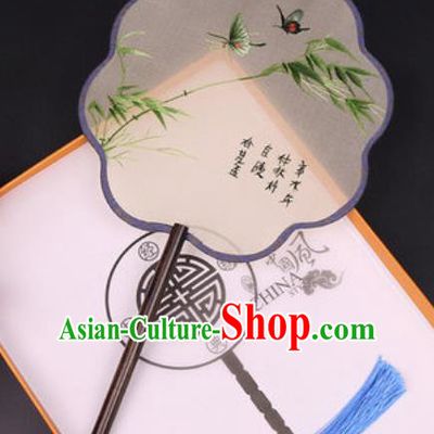 Chinese Traditional Embroidered Bamboo Butterfly Silk Fans Handmade Classical Dance Ebony Palace Fan for Women