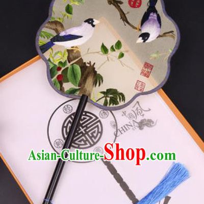 Chinese Traditional Embroidered Birds Silk Fans Handmade Classical Dance Ebony Palace Fan for Women