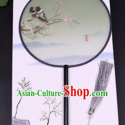 Chinese Traditional Printing Plum Birds Round Fans Handmade Classical Dance Ebony Palace Fan for Women