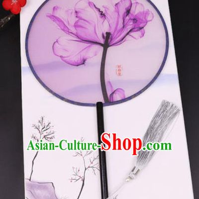 Chinese Traditional Printing Purple Leaf Round Fans Handmade Classical Dance Ebony Palace Fan for Women