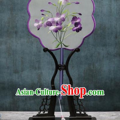 Chinese Traditional Embroidered Purple Flowers Silk Fans Handmade Classical Dance Palace Fan for Women