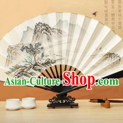 Chinese Traditional Ink Painting Landscape Wenge Fans Handmade Accordion Classical Dance Paper Folding Fan