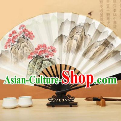 Chinese Traditional Ink Painting Maple Leaf Wenge Fans Handmade Accordion Classical Dance Paper Folding Fan