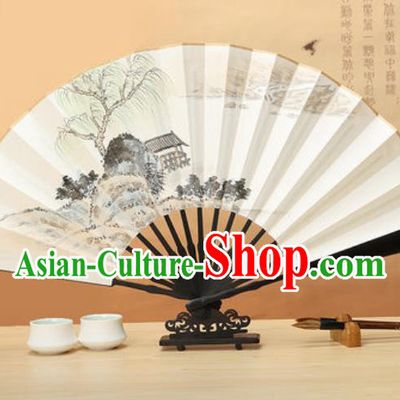 Chinese Traditional Ink Painting Willow Wenge Fans Handmade Accordion Classical Dance Paper Folding Fan