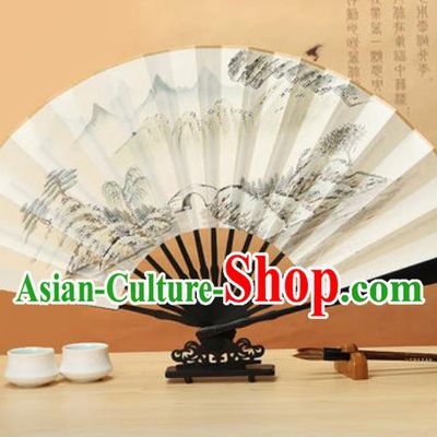Chinese Traditional Ink Painting Landscape Wenge Fans Handmade Accordion Classical Dance Paper Folding Fan