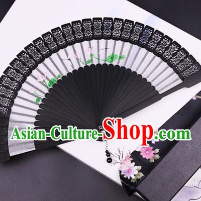 Chinese Traditional Painting Lotus Black Bamboo Fans Handmade Accordion Classical Dance Folding Fan