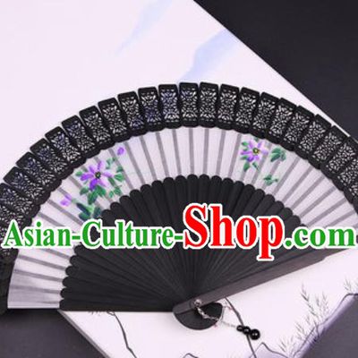 Chinese Traditional Painting Violet Black Bamboo Fans Handmade Accordion Classical Dance Folding Fan