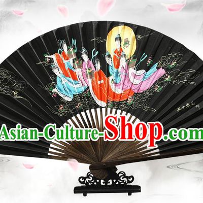 Chinese Traditional Painting Goddess Black Bamboo Fans Handmade Accordion Classical Dance Paper Fan Folding Fan