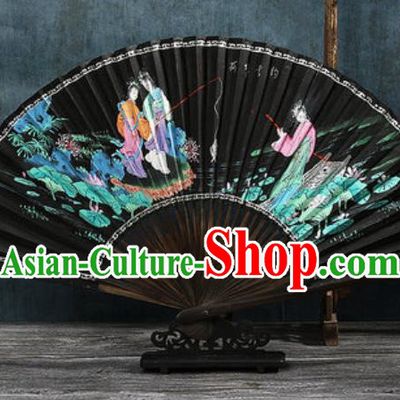 Chinese Traditional Painting Lotus Pond Black Bamboo Fans Handmade Accordion Classical Dance Paper Fan Folding Fan
