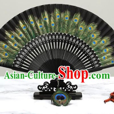 Chinese Traditional Printing Peacock Feather Black Silk Fan Classical Dance Accordion Fans Folding Fan