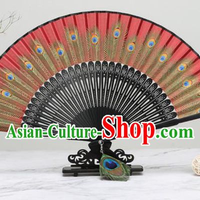 Chinese Traditional Printing Peacock Feather Red Silk Fan Classical Dance Accordion Fans Folding Fan