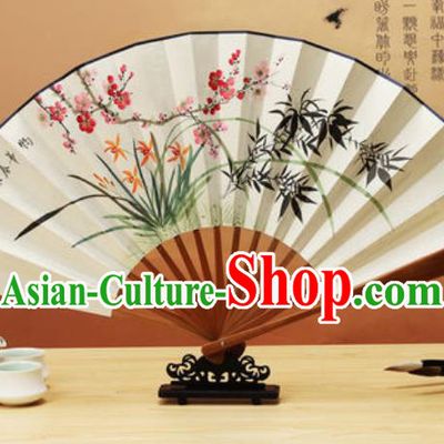 Chinese Traditional Hand Painting Orchids Plum Bamboo Paper Fan Classical Dance Accordion Fans Folding Fan