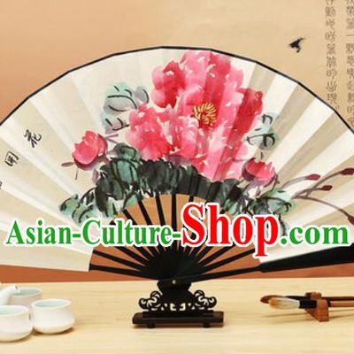 Chinese Traditional Hand Painting Peony Ebony Paper Fan Classical Dance Accordion Fans Folding Fan