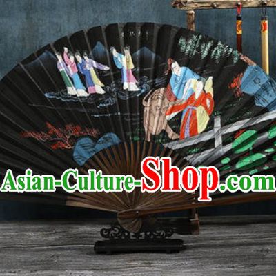 Chinese Traditional Painting Cowherd and Weaving Maid Black Bamboo Fans Handmade Accordion Classical Dance Paper Fan Folding Fan
