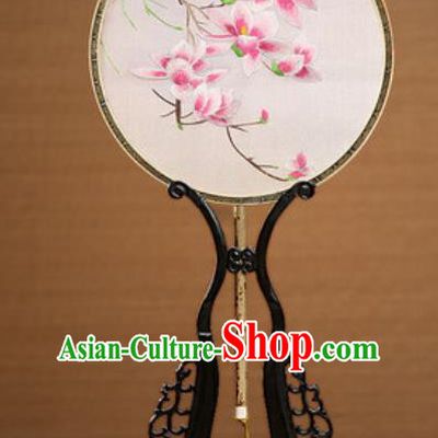 Handmade Chinese Embroidered Pink Mangnolia Silk Round Fans Traditional Classical Dance Palace Fan for Women