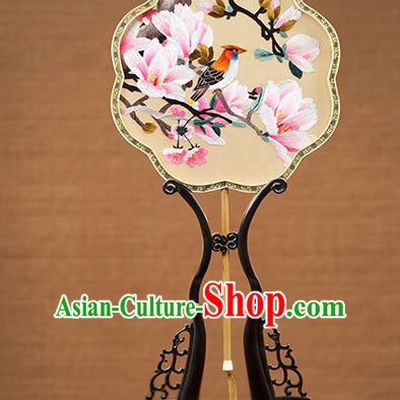 Handmade Chinese Embroidered Pink Mangnolia Silk Fans Traditional Classical Dance Palace Fan for Women