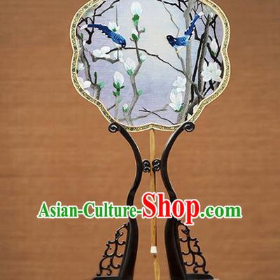 Handmade Chinese Embroidered Mangnolia Blue Silk Fans Traditional Classical Dance Palace Fan for Women